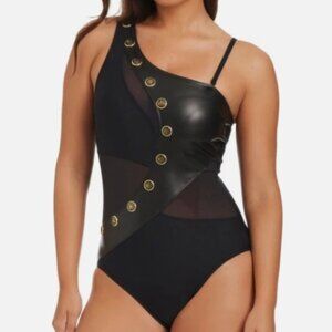 NWT! Beyond Control Black Faux Leather One Shoulder One Piece Swimsuit NEW!